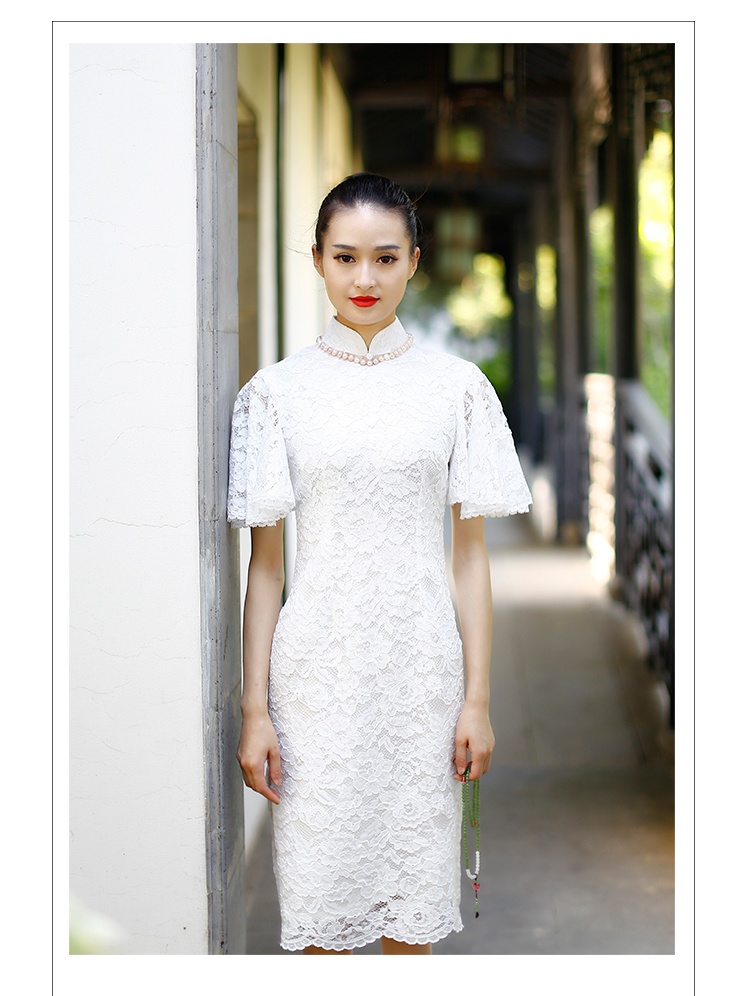 Petal sleeves white lace cheongsam dress Petal sleeves white lace cheongsam dress