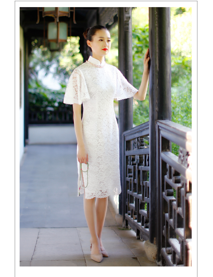Petal sleeves white lace cheongsam dress Petal sleeves white lace cheongsam dress