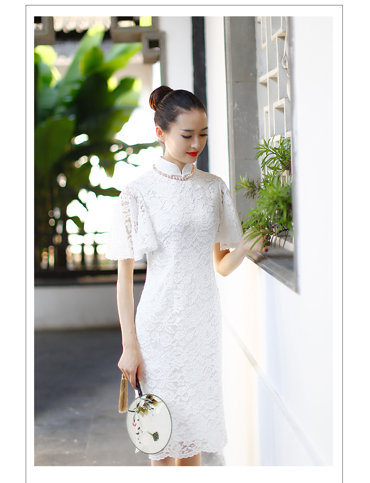 Petal sleeves white lace cheongsam dress Petal sleeves white lace cheongsam dress