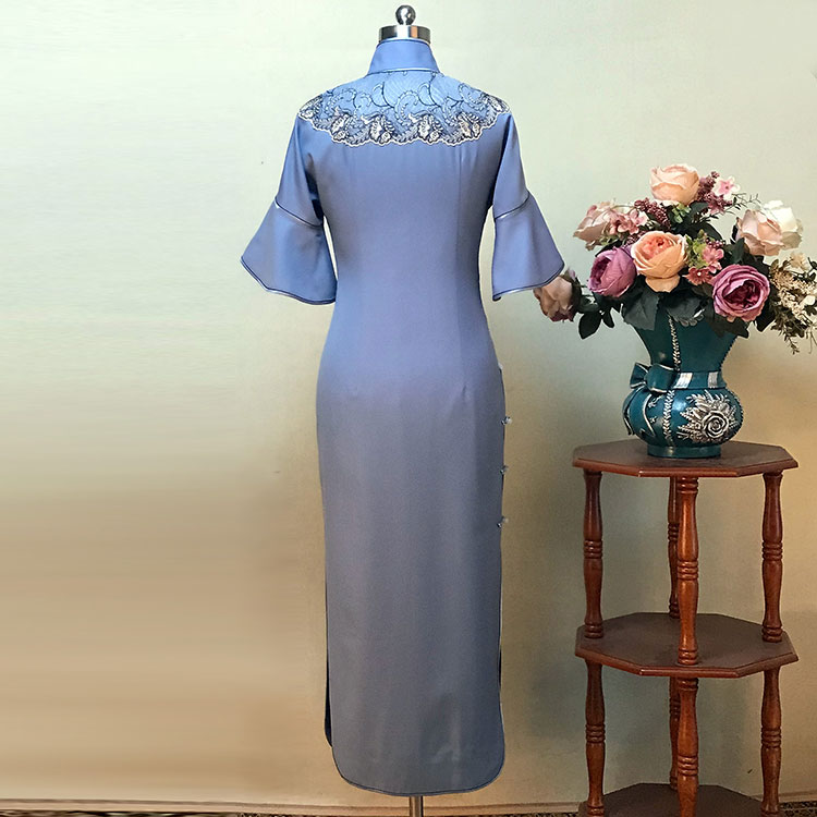 Comflower-blue cheongsam dress with wide lace piping