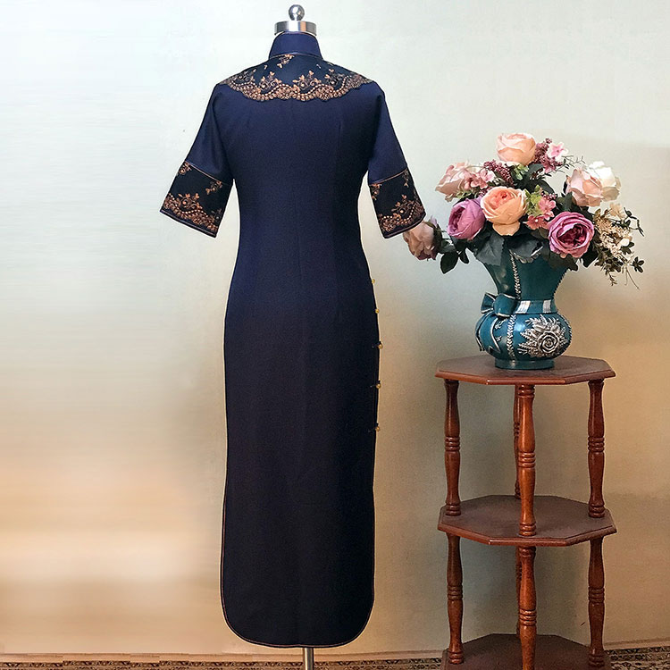 Dark-blue cheongsam dress with wide lace piping