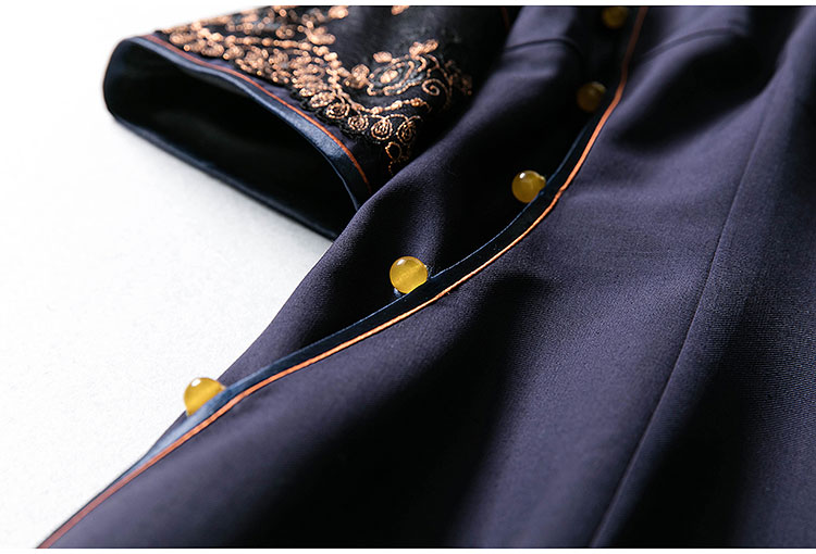 Dark-blue cheongsam dress with wide lace piping