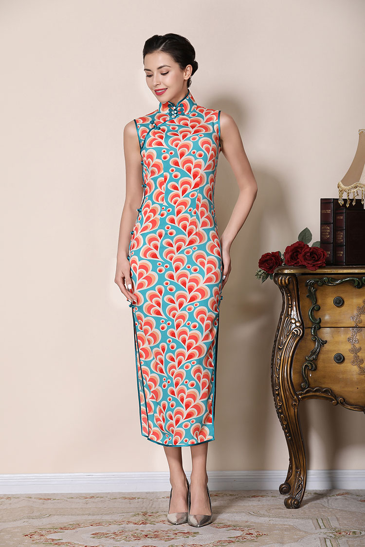 Peacock tail pattern chiffon cheongsam dress Peacock tail pattern chiffon cheongsam dress