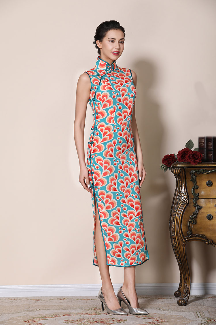 Peacock tail pattern chiffon cheongsam dress Peacock tail pattern chiffon cheongsam dress