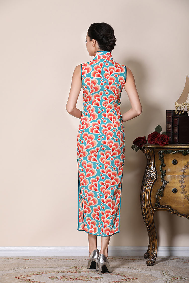 Peacock tail pattern chiffon cheongsam dress Peacock tail pattern chiffon cheongsam dress