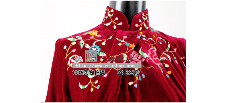 Wine red velour qipao with embroidery Wine red velour qipao with embroidery