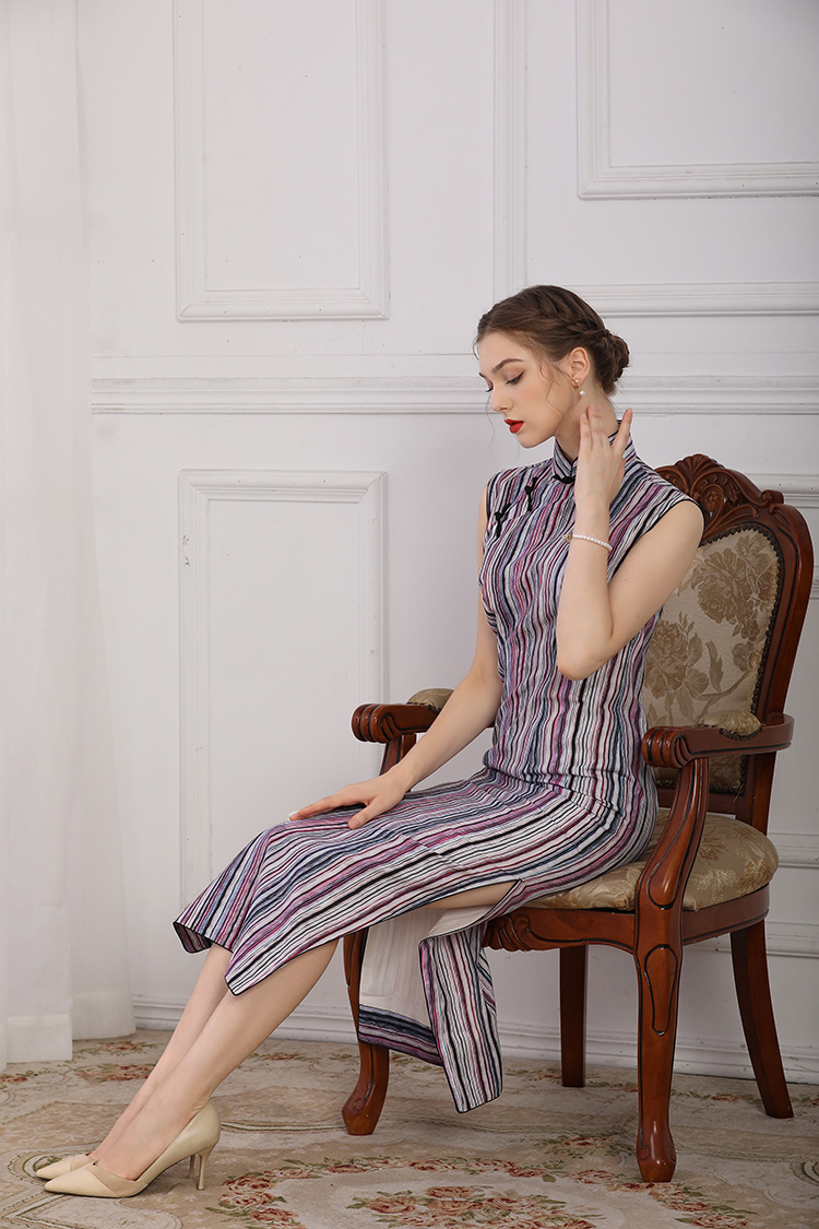Purple stripe long cheongsam dress Purple stripe long cheongsam dress