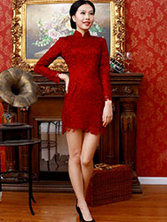 Wine red lace long sleeves qipao dress