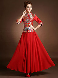 Red colorful brocade blouse and pure red skirt