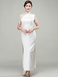 White silk qipao dress with lace back