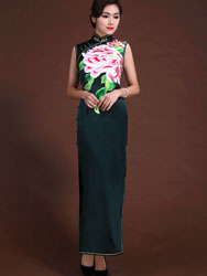 Dark green peony embroidery long dress