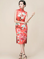 Watermelon red silk embroidered short qipao dress