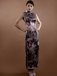 Smoke gray long cheongsam with peonies