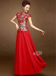 Red colorful brocade top and pure red skirt