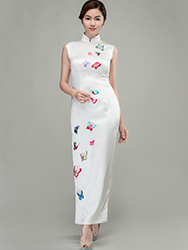 White cheongsam dress with colorful butterflies embroidery