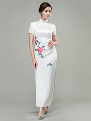 White with peonies hand-painted cheongsam dress