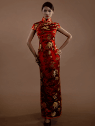 Red peonys long cheongsam dress