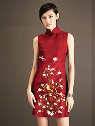 Wine red thai silk embroidery short qipao dress