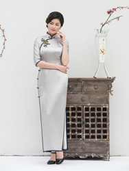 Silvery silk long cheongsam