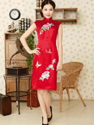 Red silk saitn with  embroidery butterflys and flowers