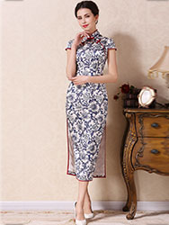 Silk blue-white porcelain cheongsam dress