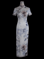 White  floral pattern silk satin cheongsam 