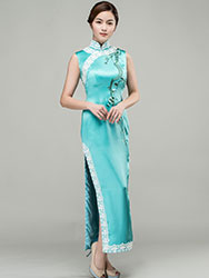 Light lake blue silk with embroidery choensam dress