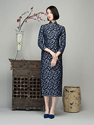 Navy brocade long cheongsam