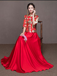 Red golden dragon-phoenix brocade blouse and pure red skirt