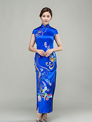 Sapphire blue silk cheongsam with colorful phoenix 