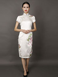 wihte peonies embroidery short choengsam dress