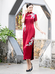 Mom wine red cheongsam dress with embroidery