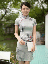 Silver gray Silk short cheongsam with plum and birds pattern