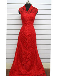 Red A-line flowery pattern lace dress
