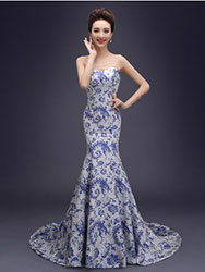 White evening gown with chinese phoenix tail flowers