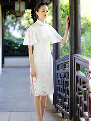 Petal sleeves white lace cheongsam dress