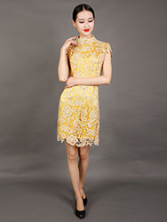 Golden-yellow lace cheongsam dress 