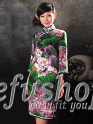 White lotus with bright dark green pattern silk cheongsam